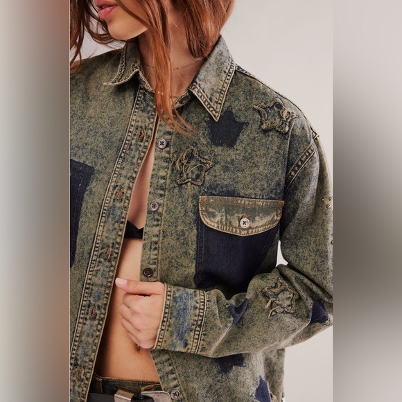 NWT Free People One Teaspoon Everyday Denim Classic Star Shirt S Petrol Green - Picture 3 of 11